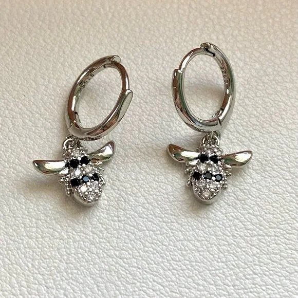 Silver Hoop Earrings with Black Accents - Picture 2 of 4